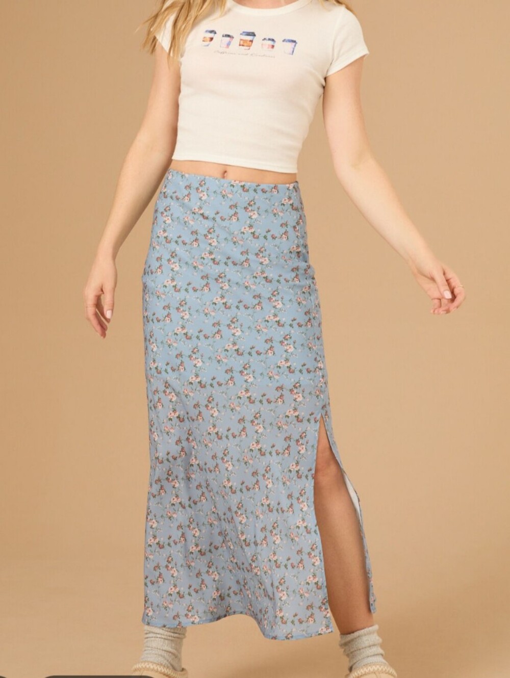 Altar'd State Skirt Size M Blue Floral Midi High Waist Slit At Side Summer Boho